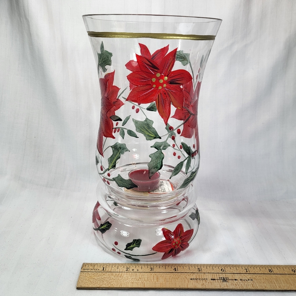 Celebrations Poinsettia Hurricane Candle Holder Glass 10" Christmas 2pc with Box - Picture 5 of 16